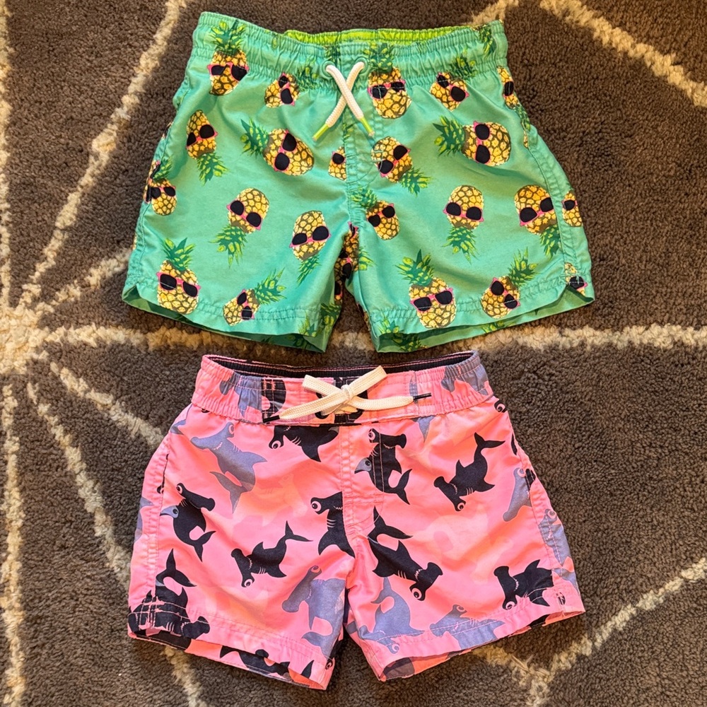 H&M Green Pineapple and Pink Shark Swim Trunks